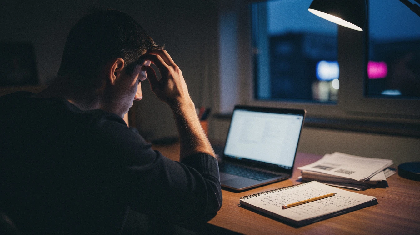 Person stressed at desk with phone nearby · 1200×675px · Dark, moody, illustrative style