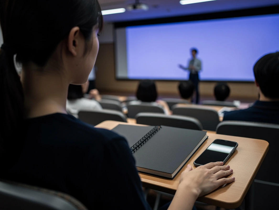 University lecture hall · 600×450px · Student with phone capturing whiteboard in lecture