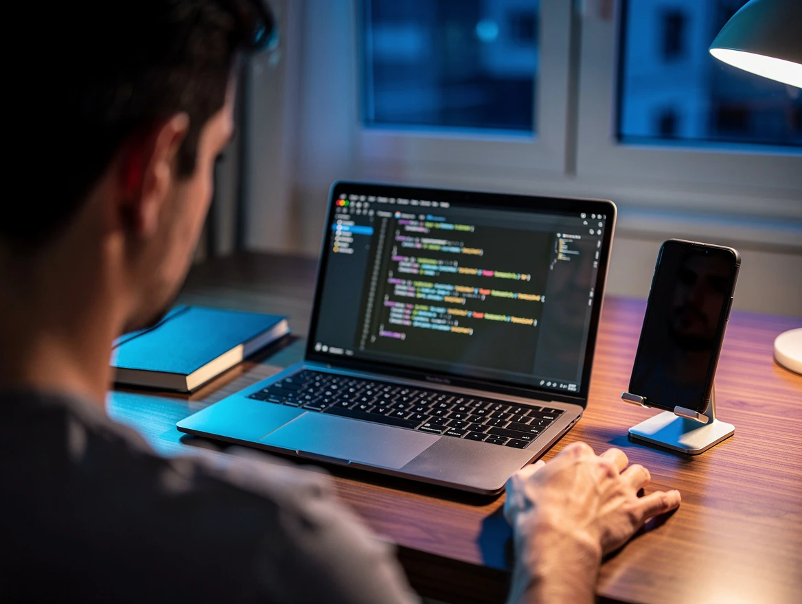 Technical interview scene · 600×450px · Person with phone on desk during coding interview